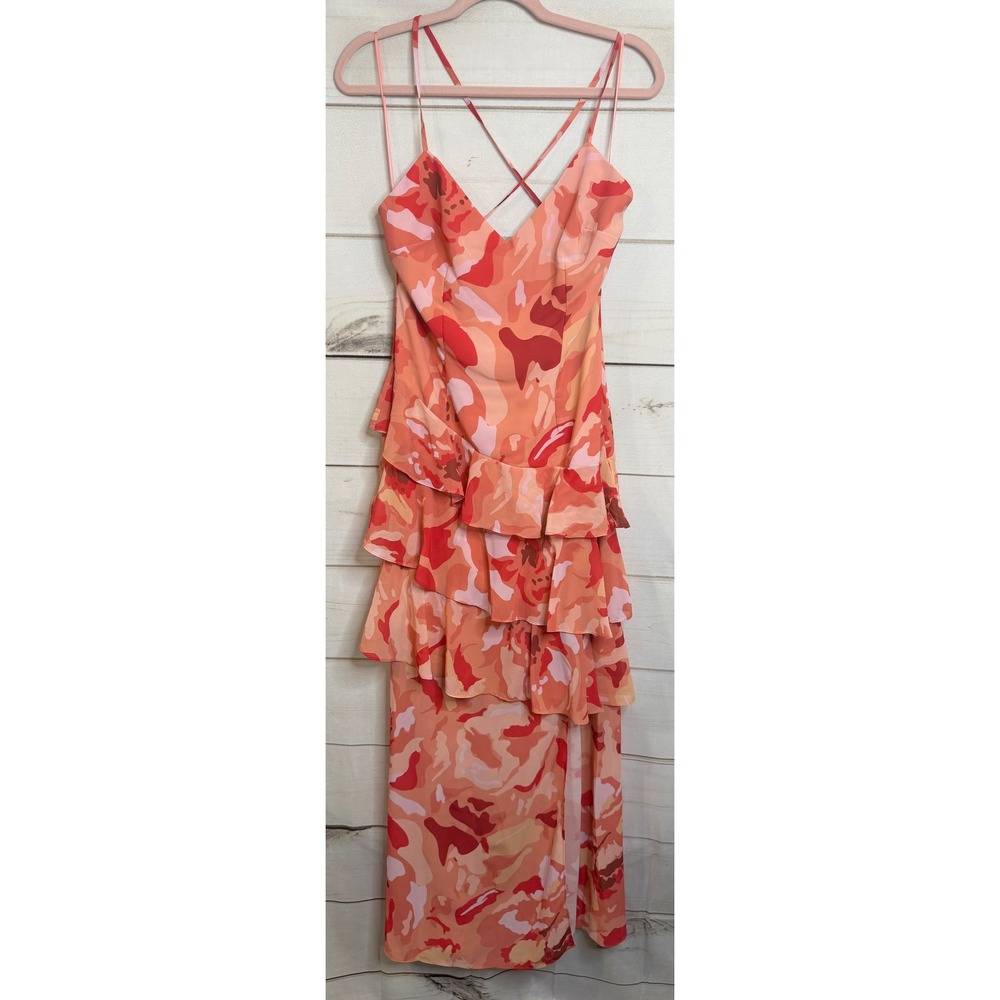 Pretty Lavish Orange Abstract Floral Tiered Maxi Dress V-Neck Size US 8 NEW
